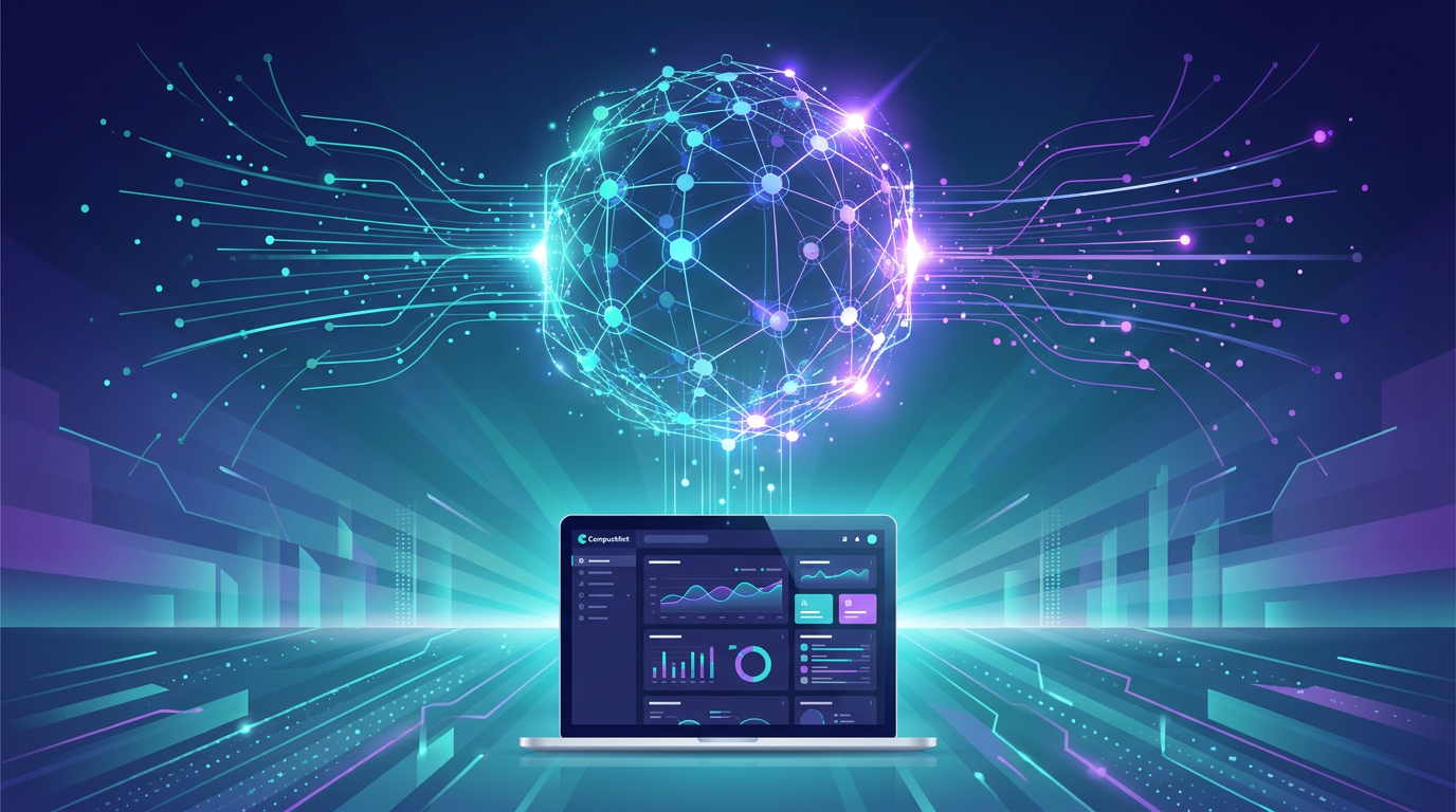A sleek high-tech flat vector illustration representing the launching of CampusMint 2.0, displaying lightning-fast digital school dashboard screens.