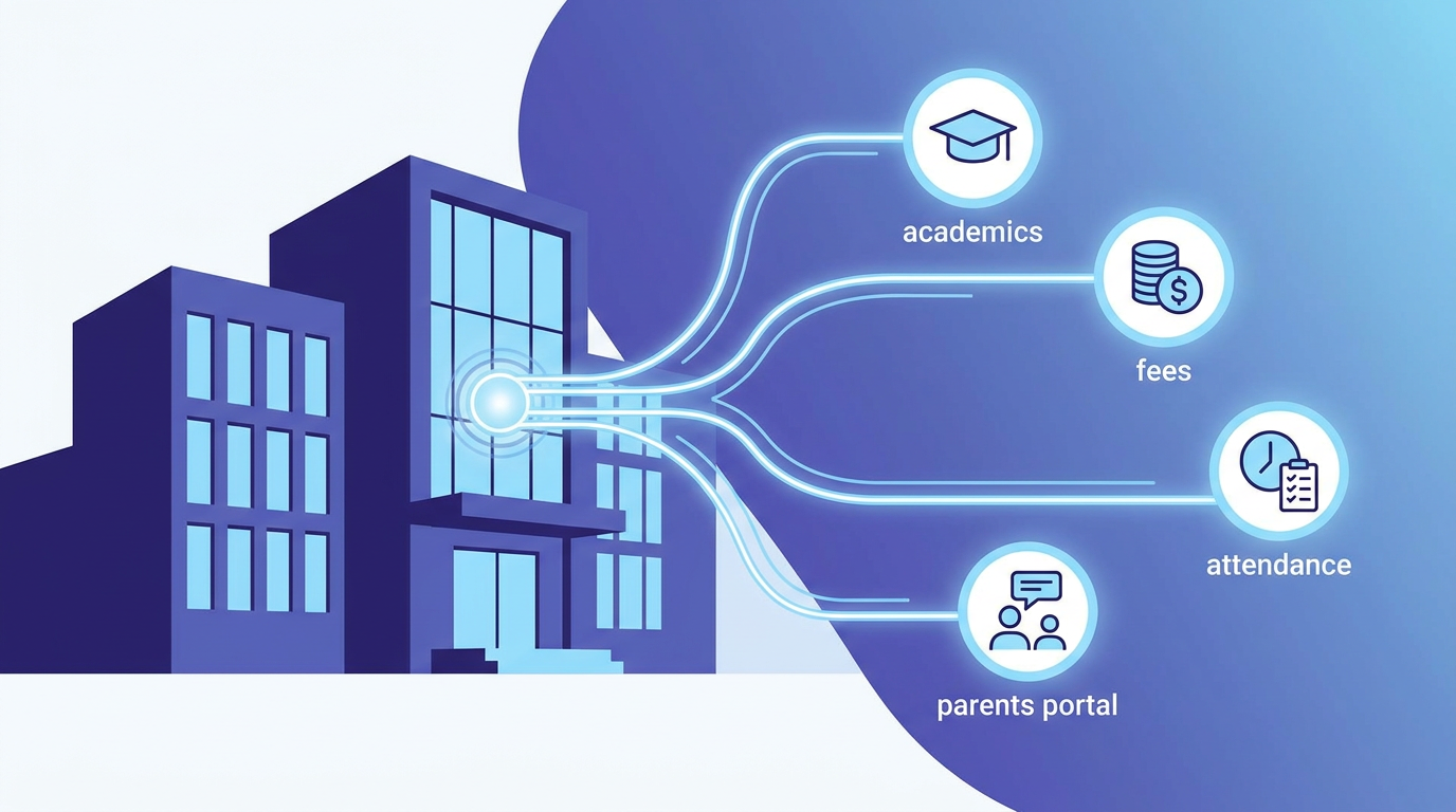 A stunning flat vector illustration of a modern school building connected by digital lines to dashboard metrics representing a unified school ERP ecosystem.