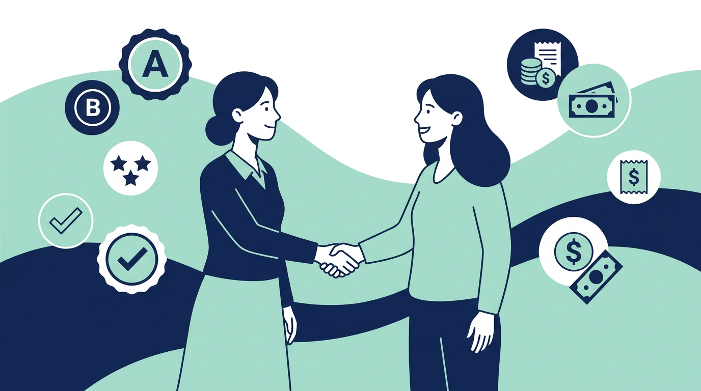 An elegant flat vector illustration showing a school teacher shaking hands with a smiling parent, with floating grade, message, and receipt badges.